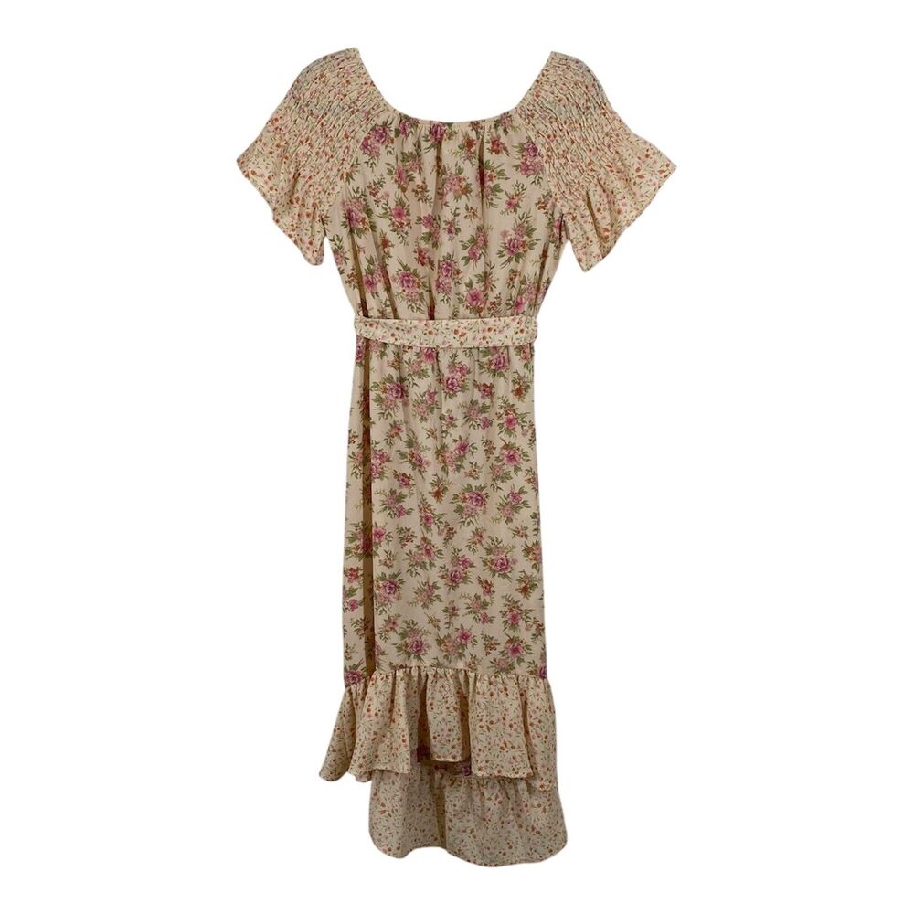 VTG Feminine Y2K Midi Dress Size 16 Cottagecore 90s Smocked Ruffle Fairycore
